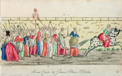 Voorhoede van de vrouwen die naar Versailles gaan op 5 oktober 1789 door French School